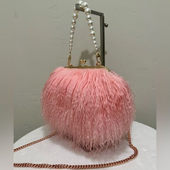 Pink Real Mongolian Lamb Fur Handmade Kisslock Wristlet/Shoulder Bag/Crossbody - Picture 8 of 16